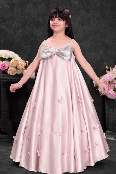 Blush Pink Party Wear Gown With Sequin Bow And Butterfly Applique For Girls